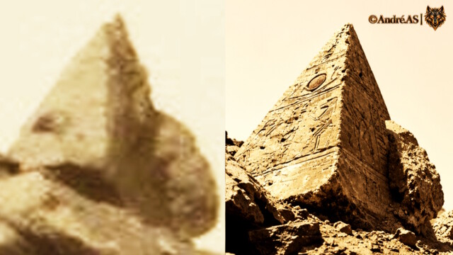 Curiosity — Sol 1467 — image source NASA/JPL-Caltech.
<a href="https://mars.nasa.gov/msl-raw-images/msss/01467/mcam/1467MR0073400200703702E01_DXXX.jpg" target="_blank" rel="noopener">Accéder à la source d’origine</a> Curiosity Sol 1467 — comparaison morphologique entre une formation martienne et un pyramidion