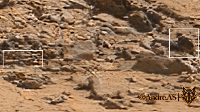 Curiosity — Sol 2620 — image source NASA/JPL-Caltech.
<a href="https://mars.nasa.gov/raw_images/763108/?site=msl" target="_blank" rel="noopener">Voir l’image source</a> Curiosity Sol 2620 — formations martiennes évoquant un travailleur accroupi auprès d’un outil