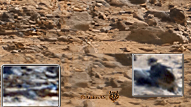 Curiosity — Sol 2620 — image source NASA/JPL-Caltech.
<a href="https://mars.nasa.gov/raw_images/763108/?site=msl" target="_blank" rel="noopener">Voir l’image source</a> Curiosity Sol 2620 — agrandissement de formations martiennes évoquant un travailleur accroupi auprès d’un outil