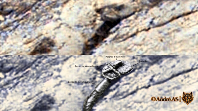 Curiosity — Sol 4249 — image source NASA/JPL-Caltech.
<a href="https://mars.nasa.gov/msl-raw-images/msss/04249/mcam/4249ML1061550751703526C00_DXXX.jpg" target="_blank" rel="noopener">Voir l’image source</a> Curiosity Sol 4249 — illustration comparative d’une formation martienne évoquant une écoutille de base souterraine à flanc de colline