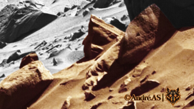 Curiosity — Sol 528 — image source NASA/JPL-Caltech.
<a href="https://mars.nasa.gov/raw_images/129784/?site=msl" target="_blank" rel="noopener">Accéder à la source d’origine</a> Curiosity Sol 528 — formation d’origine évoquant une tête de pharaon devant une frise de pilier, mise en évidence sur un arrière-plan en noir et blanc
