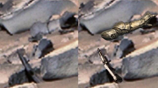 Perseverance — Sol 170 — image source NASA/JPL-Caltech.
<a href="https://mars.nasa.gov/mars2020/multimedia/raw-images/ZL0_0170_0682014083_178EBY_N0060410ZCAM08183_1100LMJ" target="_blank" rel="noopener">Voir l’image source</a> Perseverance Sol 170 — comparaison de formes martiennes avec un fusil et un bras équipé