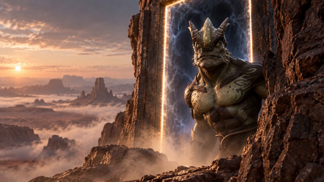 Illustration interprétative d’un reptilien derrière un encadrement rocheux — Curiosity Sol 3549